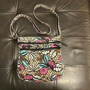 12 by 11 Vera Bradley bag,pink and brown floral, multiple pockets, slightly used
